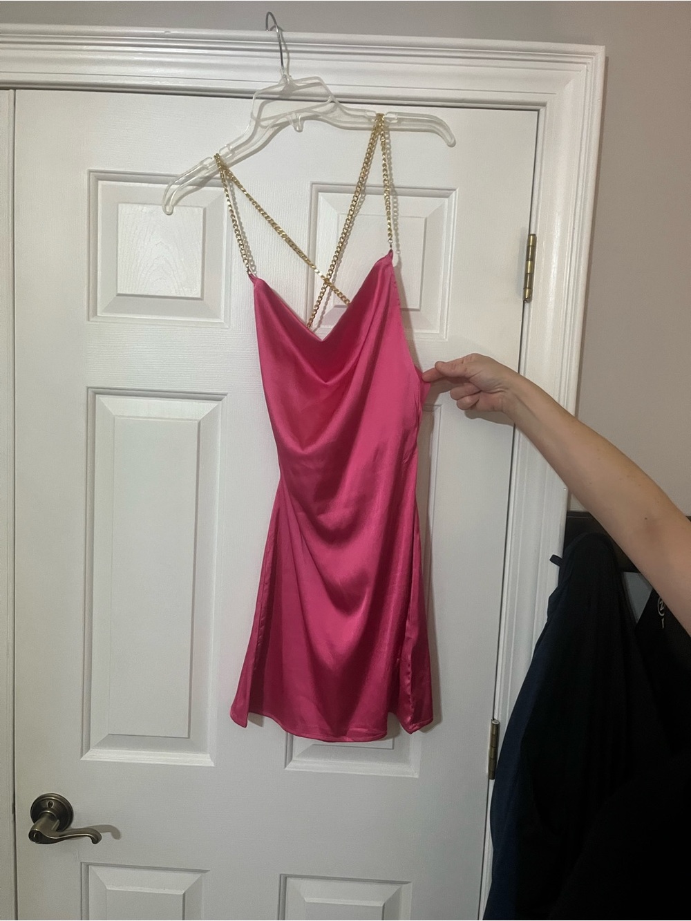 SHEIN Hot Pink Satin Mini Dress with Gold Chain Straps